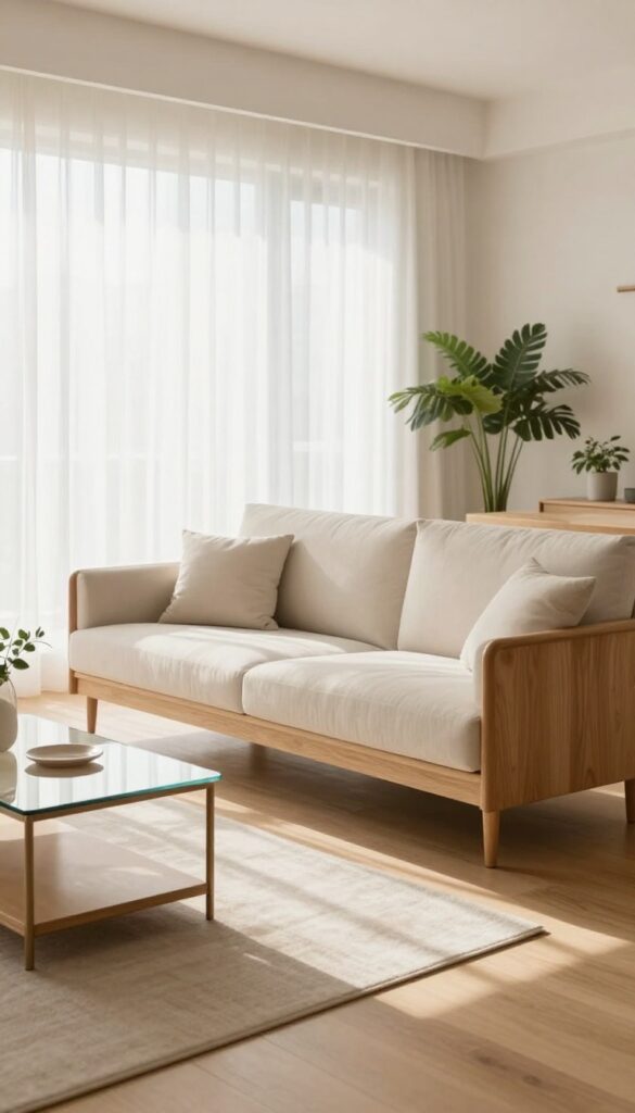 Bright airy living room with a slim-legged light wood sofa and glass-top coffee table, sunlight passing underneath the furniture across a pale oak floor