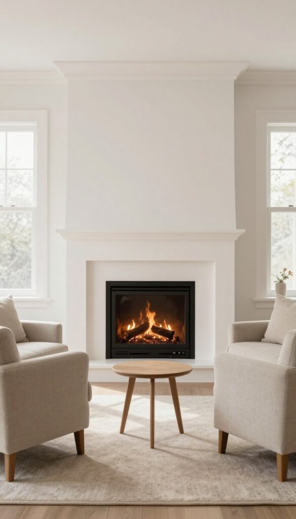 Small bright living room with a fireplace and two matching small accent chairs with visible legs placed side by side on a neutral rug, with a small side table between them and natural light filling the open space.