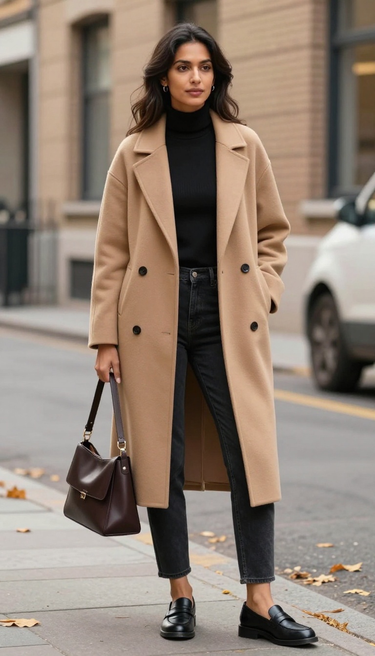 3. Black Jeans and a Longline Camel Coat for Polished Workwear