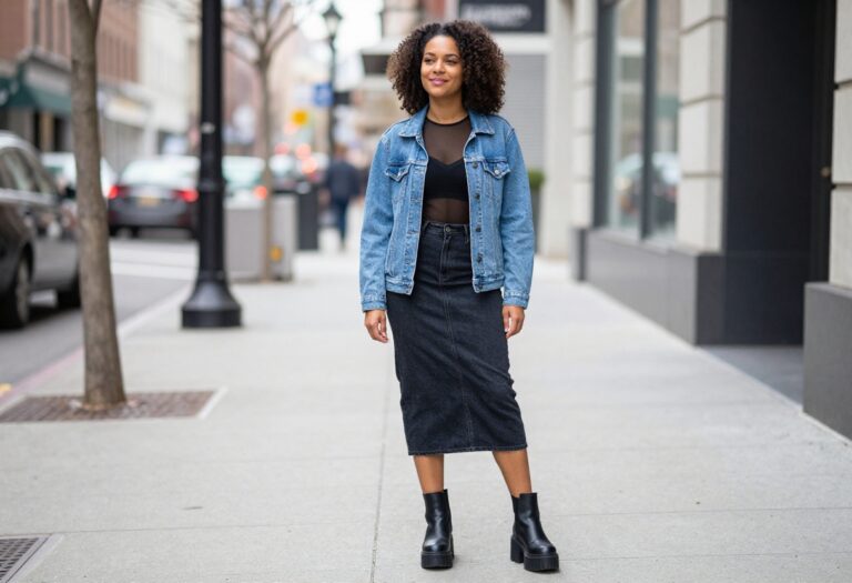 Woman wearing a denim jacket over a mesh top and denim midi skirt with platform boots, showcasing a Y2K layered outfit.