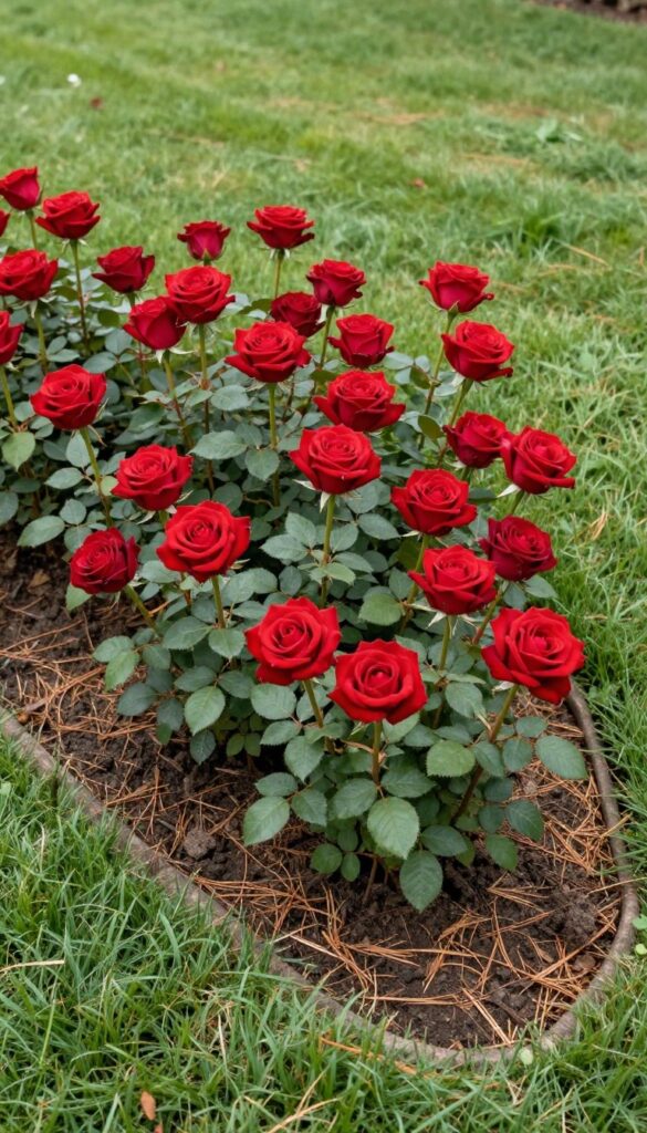 A triangular rose accent bed with deep red roses and low ground cover in a front yard corner, edged with crisp lines and pine needle mulch.