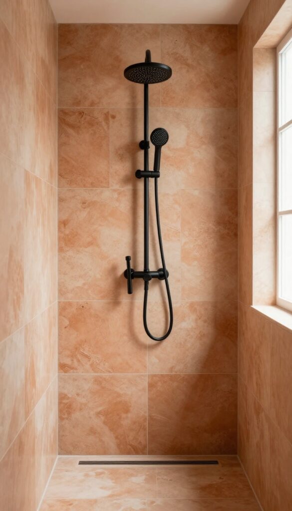 Rustic tiled shower with warm terracotta tones and matte black fixtures for contrast, bright natural light