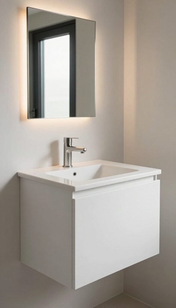 Compact modern bathroom sink with a stone countertop, slim faucet, and a dark tinted glass mirror wall in a bright minimal space.