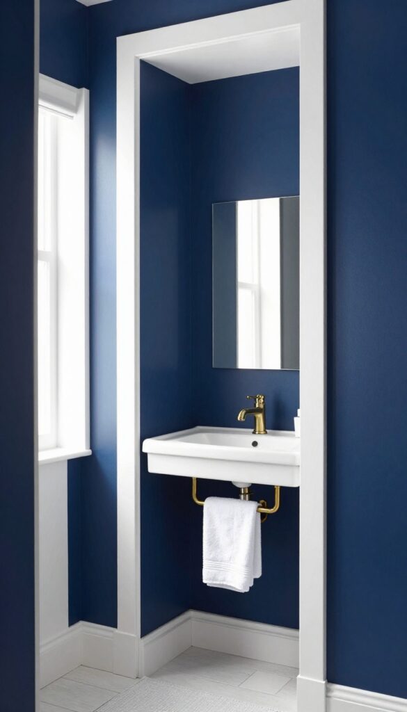 Small bathroom with deep navy blue walls and crisp white trim, a thin-framed mirror, white towels, and a brass faucet in bright natural light.