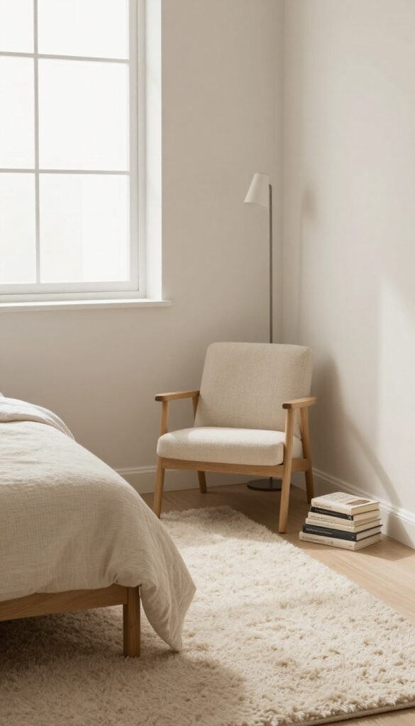 Neutral high-pile shag carpet in a cozy bedroom reading corner with bright natural light and simple decor.
