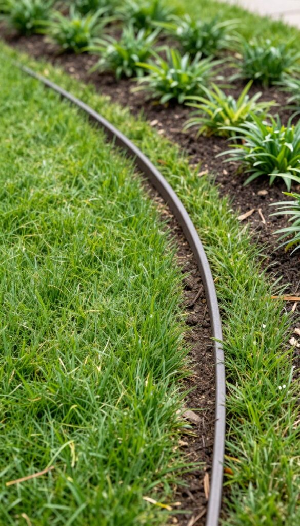 Clean metal garden edging creating a sharp border between a manicured lawn and a dark soil planting bed in a small front yard
