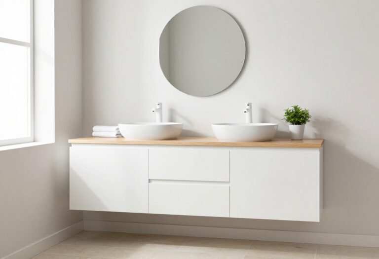 Bright small bathroom with a floating white vanity, open floor space beneath, natural light, and clean minimal styling