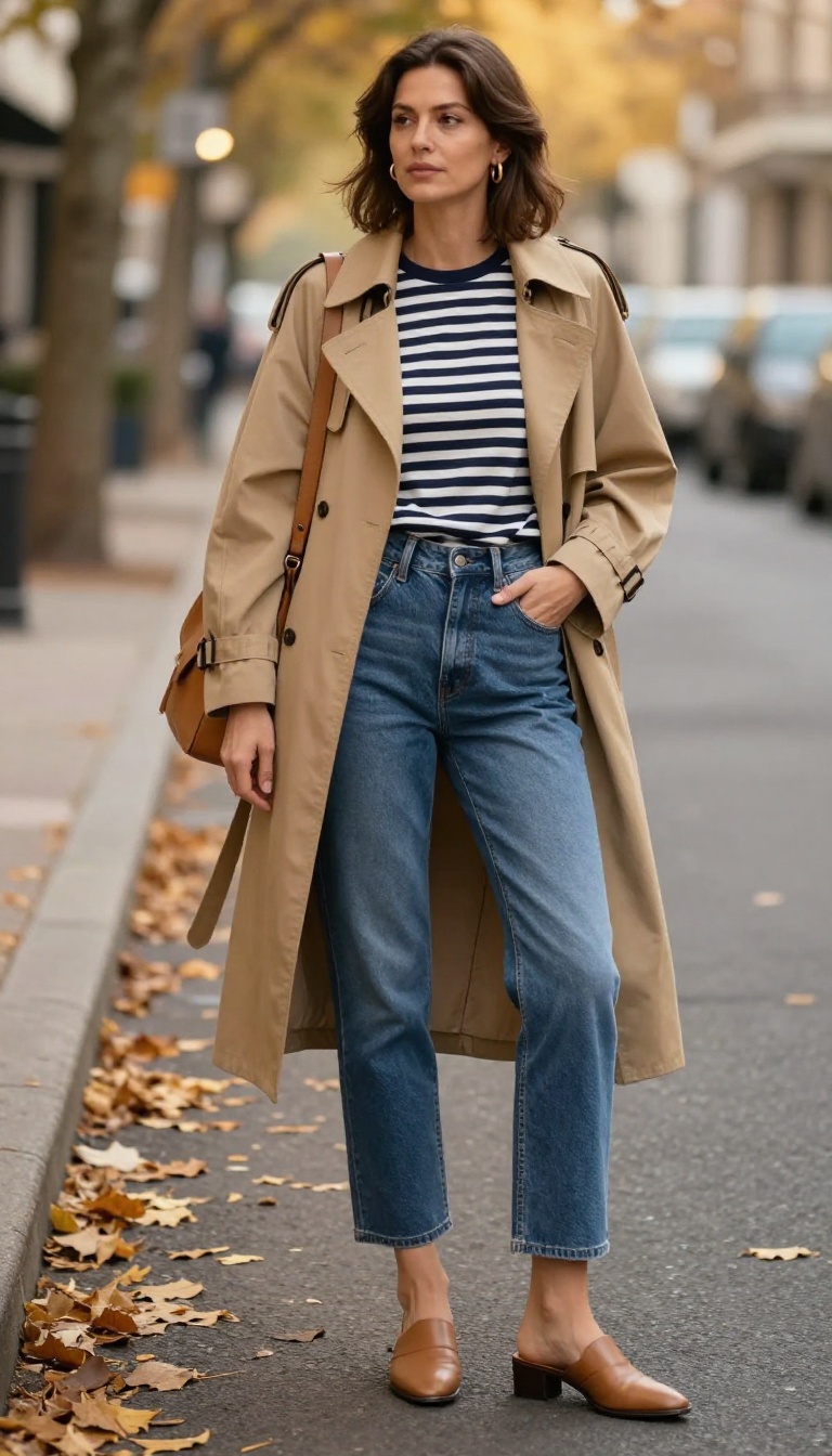10. Cropped Jeans with Mules and a Trench Coat