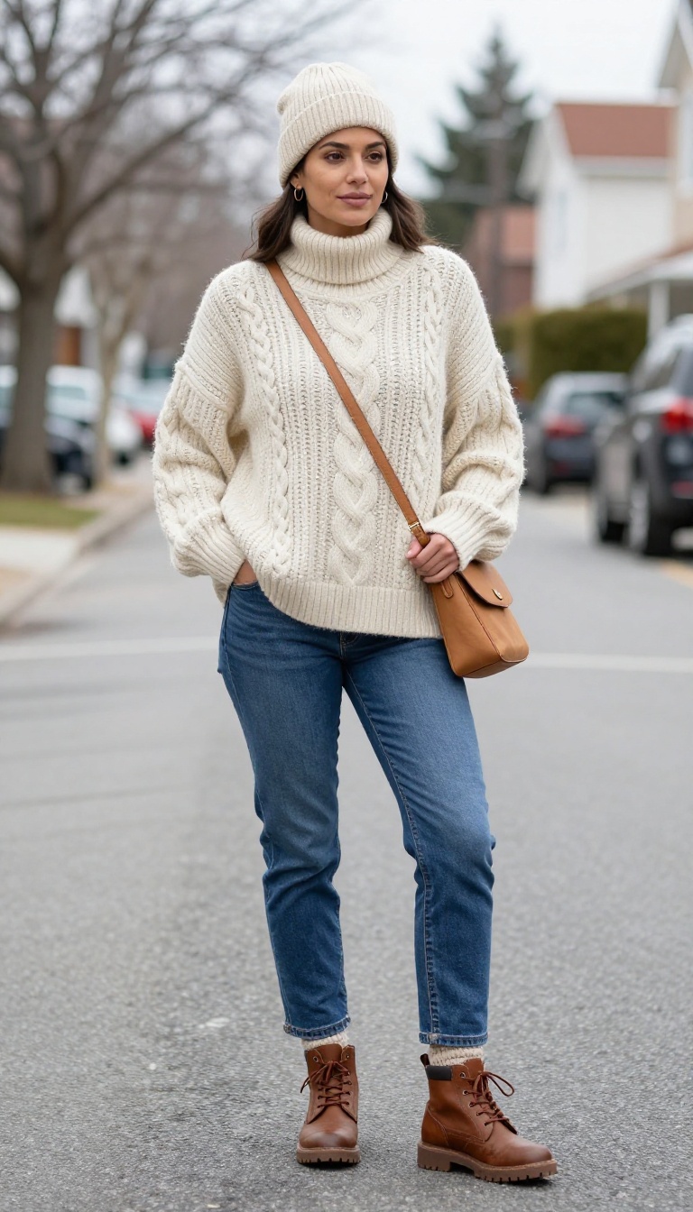 1. Oversized Cable-Knit Sweater with Straight-Leg Jeans and Winter Boots