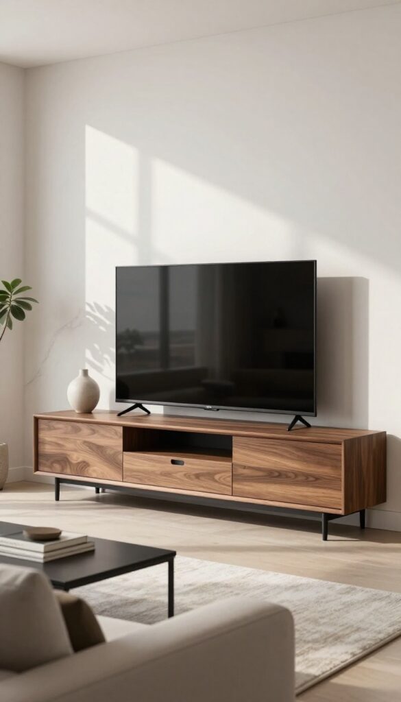 Modern living room with a wall-mounted TV on a mixed-material unit made of walnut wood, matte black metal, and marble accents in bright natural light.