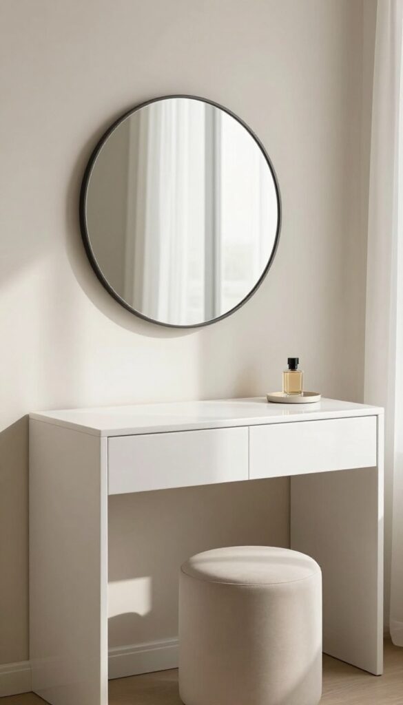 Minimalist white lacquer vanity with a round mirror and upholstered stool in a bright modern luxury bedroom