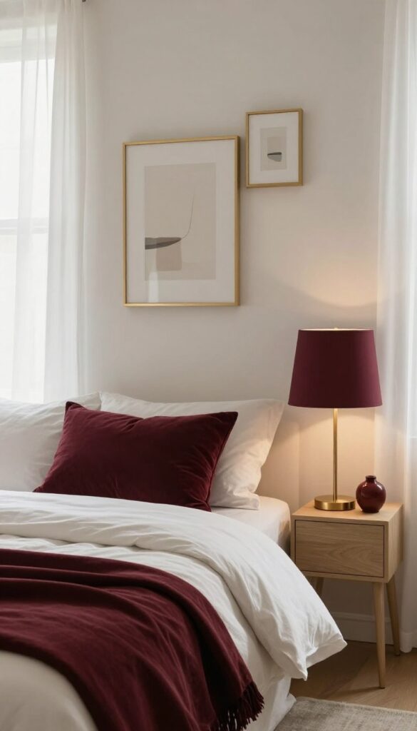 Neutral bedroom with maroon throw blanket and pillow, maroon lampshade on a brushed gold lamp base, and gold picture frames above the bed in bright natural light.