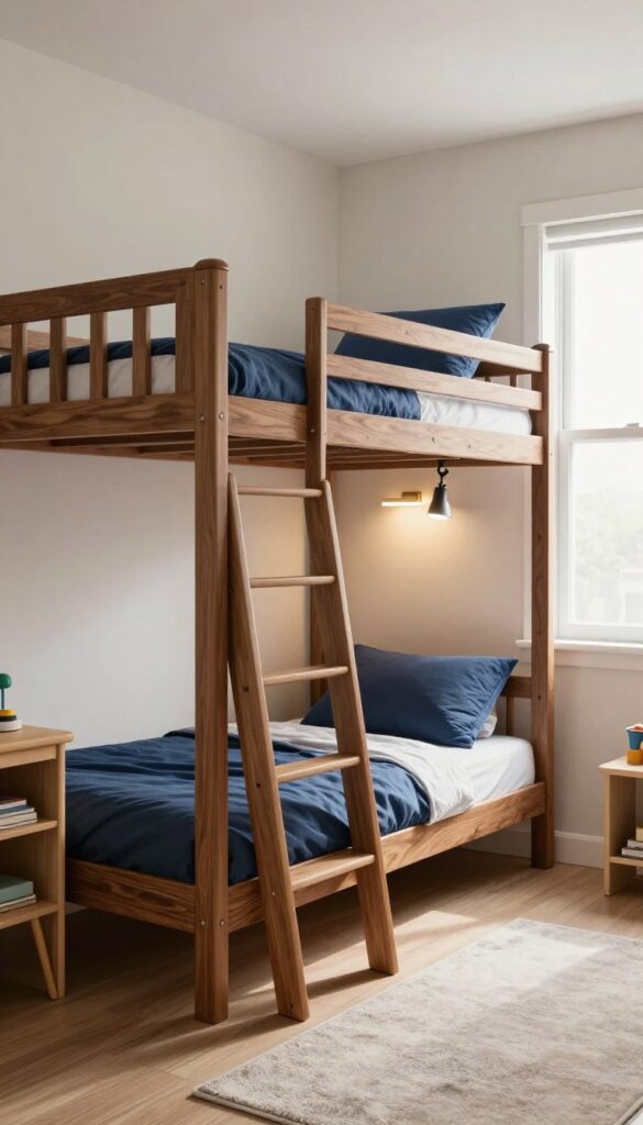 Loft-style bunk bed with a study and play area underneath, featuring a desk, shelves, and soft rug in a bright boys bedroom.