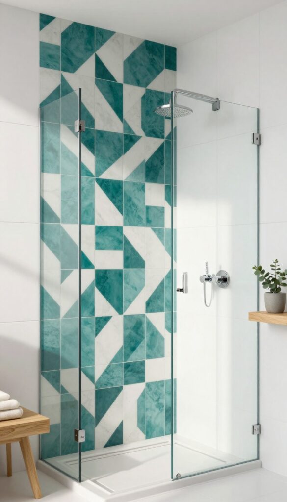 Modern bathroom shower with a bold teal and white geometric statement tile feature wall contrasted by simple white tiles, glass panel, chrome rainfall showerhead, and bright natural light.