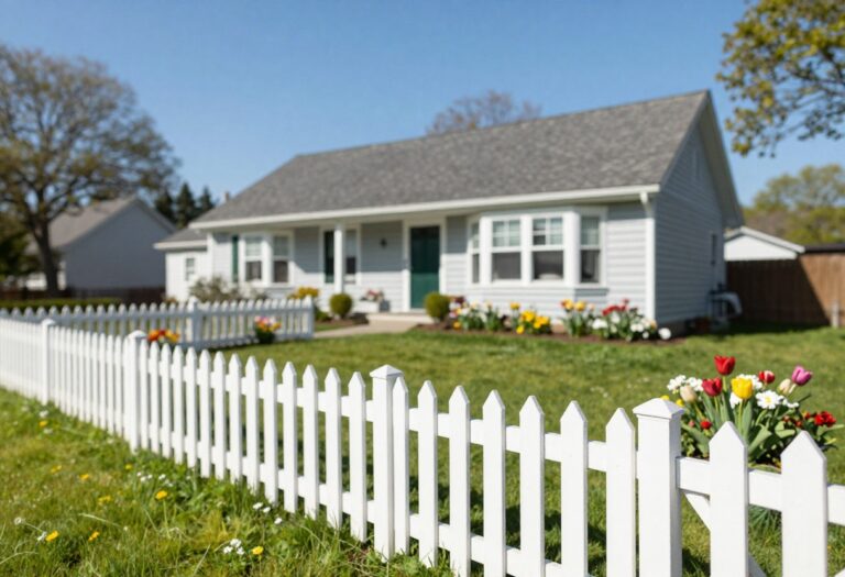 Classic white picket fence framing a bright front yard with green lawn and colorful flowers in front of a traditional home