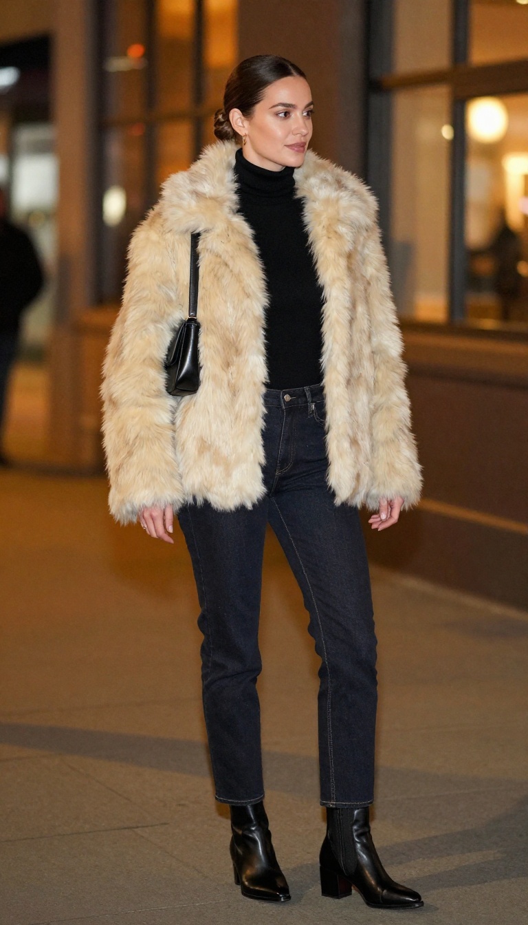 8. Turtleneck and Faux-Fur Jacket with Straight Jeans