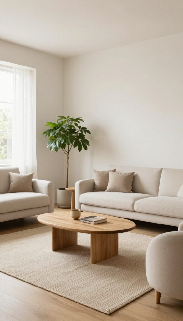 Bright square living room with a round coffee table, curved accent chair, and soft rounded furniture that balances the room's straight lines