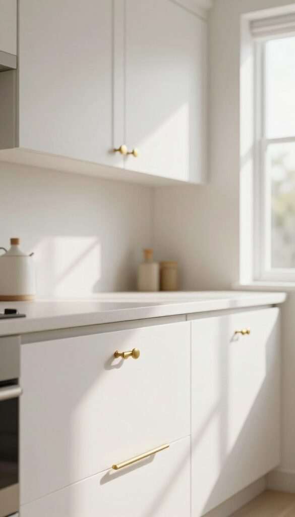 White kitchen cabinets with mixed hardware, a brass bar pull on a drawer and a round brass knob on a cabinet door, in bright natural light.