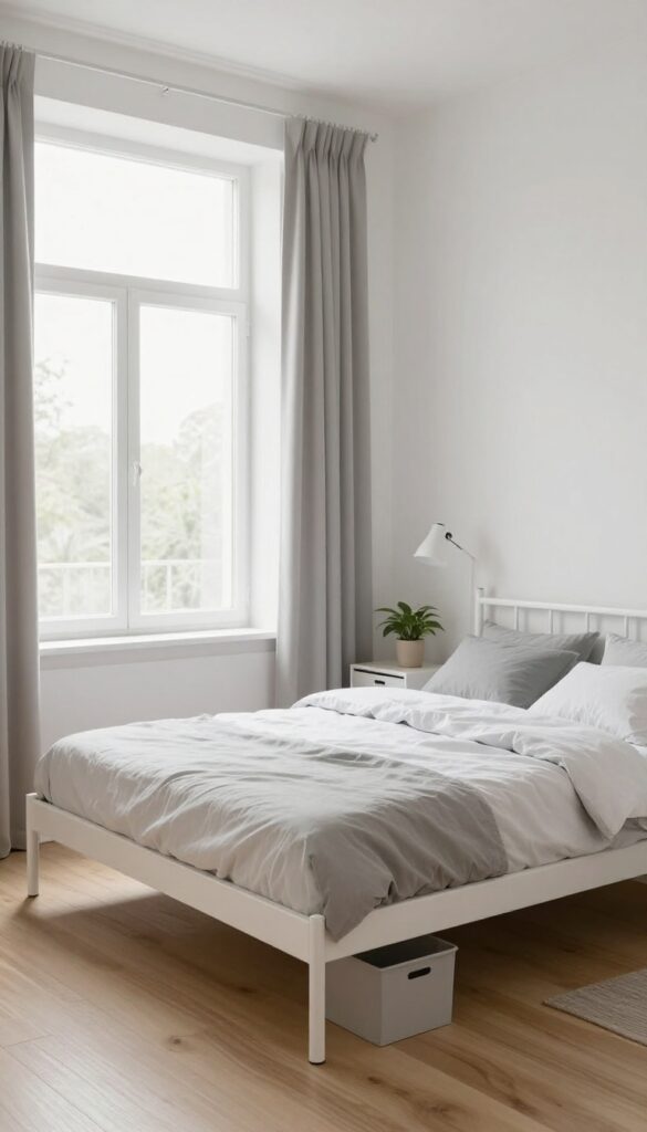 Bright minimalist bedroom with a thin metal frame double deck bed, white bedding, and natural light in a Scandinavian style