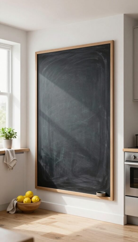 Bright modern kitchen with a large framed blank chalkboard panel on a neutral wall, styled with a small chalk container, lemons, and a plant on the countertop.