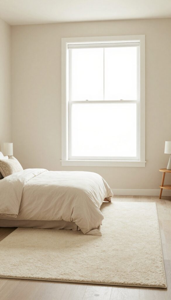 Bright windowless bedroom with a large cream area rug under the bed, light bedding, and soft neutral decor that makes the space feel airy and illuminated.