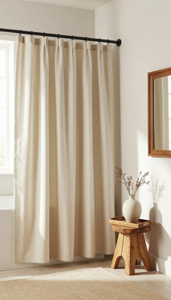 Bright rustic farmhouse bathroom with a soft striped cotton shower curtain, matte black rod, and warm wood accents in natural light.