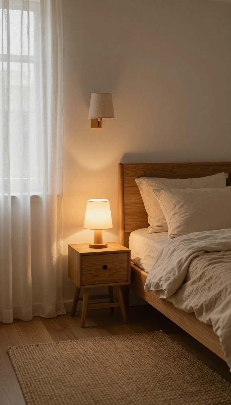 Cozy neutral bedroom with a dimmable table lamp and wall sconce casting warm amber light on cream bedding and wood nightstand