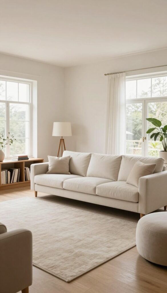 Bright open-concept living room with a floating sofa pulled away from the wall, anchored on a large rug with a console table behind it and accent chairs forming a cozy conversation zone