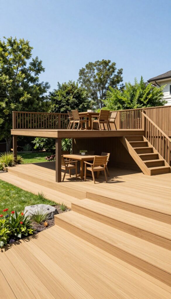 Multi-level backyard deck with a raised dining area above a lower lounge space, connected by wide steps under bright natural light.