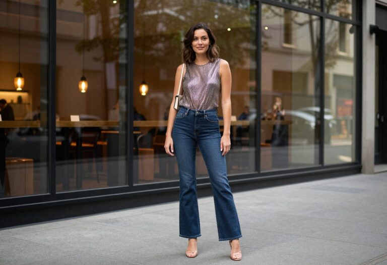 Woman wearing a metallic mesh top and low-rise flared jeans for a Y2K night out outfit.