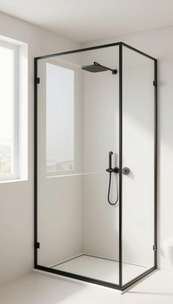 Modern bathroom with a pony wall shower enclosed by black framed glass, bright natural light, and clean minimal styling.