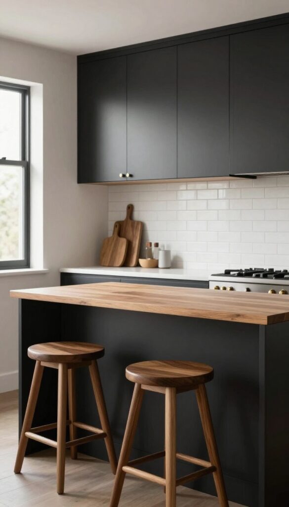 Modern kitchen with matte black cabinets, warm oak floating shelves, walnut bar stools, light backsplash tile, and brass hardware in bright natural light.
