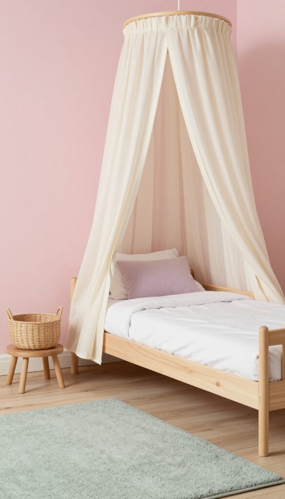 Soft pastel toddler girl bedroom with blush pink accent wall, cream and light wood neutral furniture, sage rug, and bright natural light