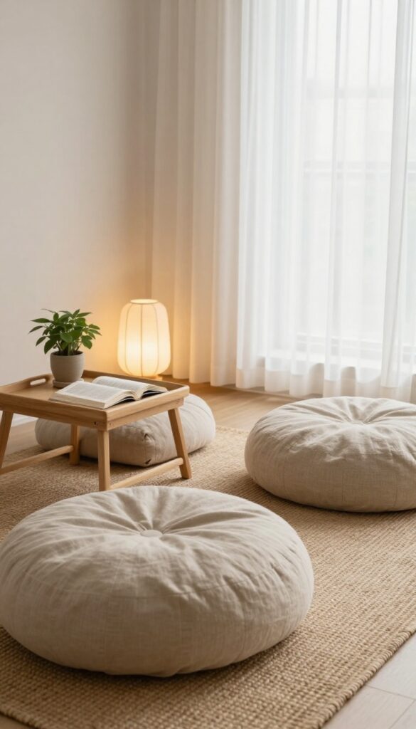 Cozy bedroom corner with large floor cushions, poufs, and a low tray table on a textured jute rug in bright natural light