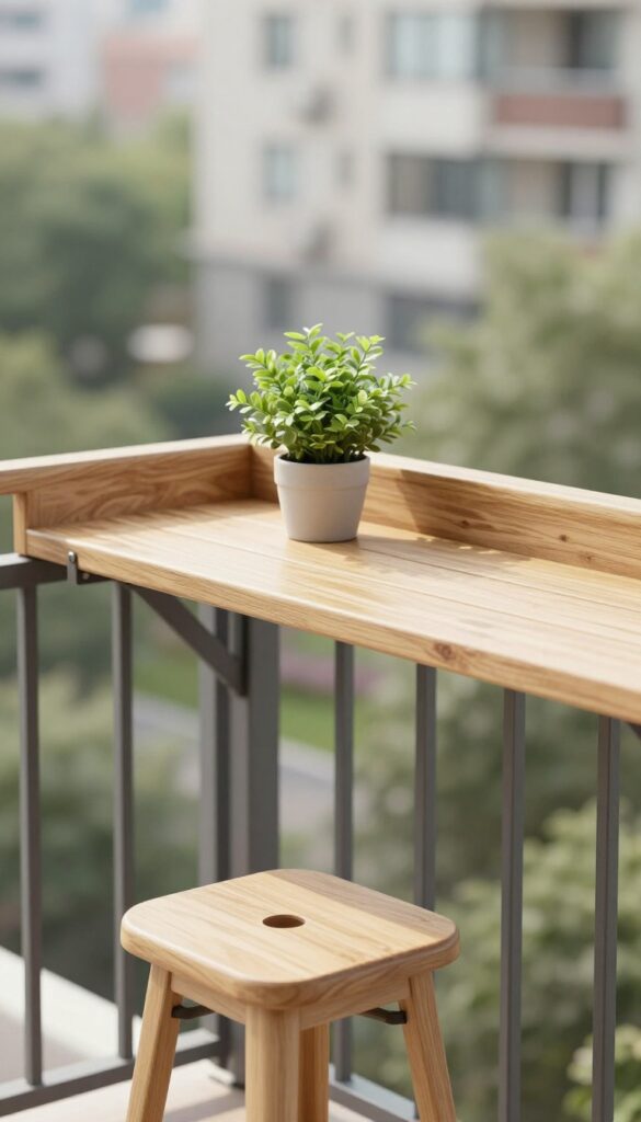 Slim wooden railing bar mounted on a compact balcony deck with a light metal stool and small potted plant, bright natural light and open view beyond the railing