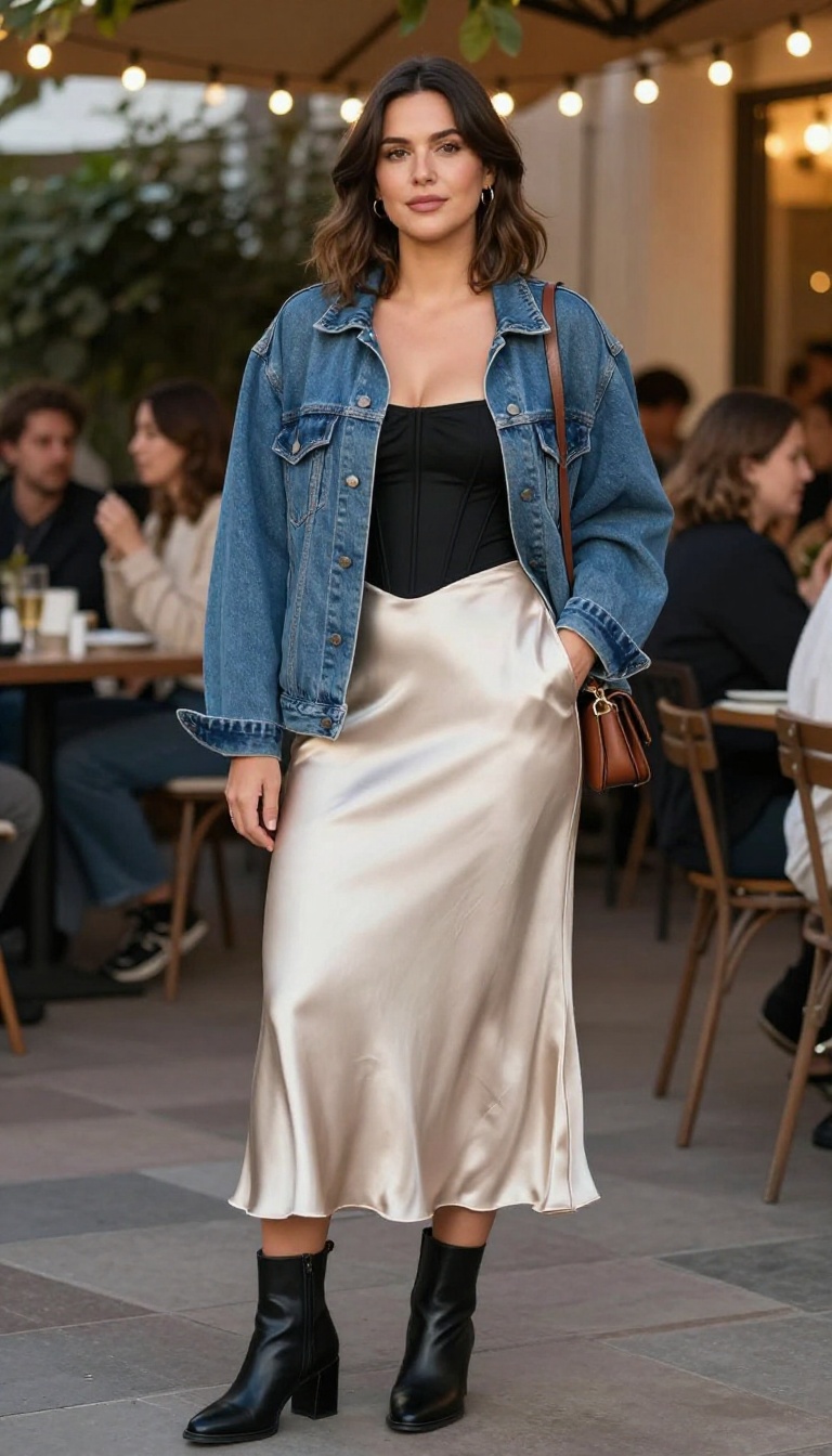 5. Corset + Slip Skirt + Oversized Denim Jacket