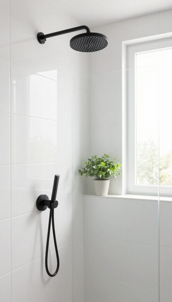 Bright modern shower with large white tiles and matte black fixtures, including a black rain showerhead and black handle, in natural daylight