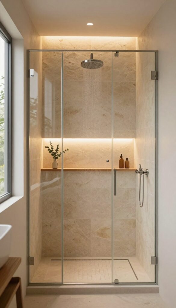 Modern spa shower with warm hidden LED strip lighting glowing under a shelf and inside a niche, highlighting stone tile and wood in a calm, bright bathroom
