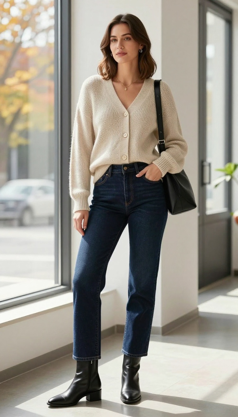 10. High-Waisted Jeans with a Belted Cardigan