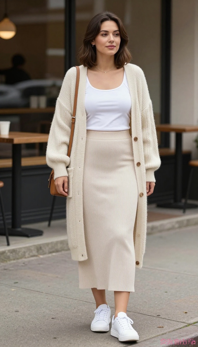 1. Ribbed Knit Midi Skirt with an Oversized Cardigan