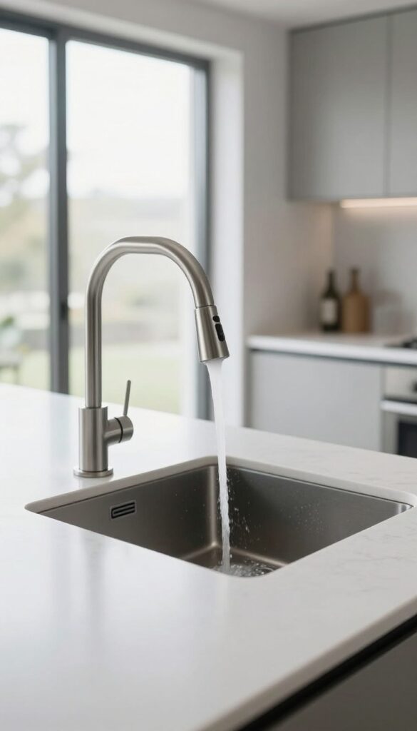 Modern kitchen with a waterfall faucet flowing into a deep sink, white quartz countertop, and sleek gray cabinets in bright natural light