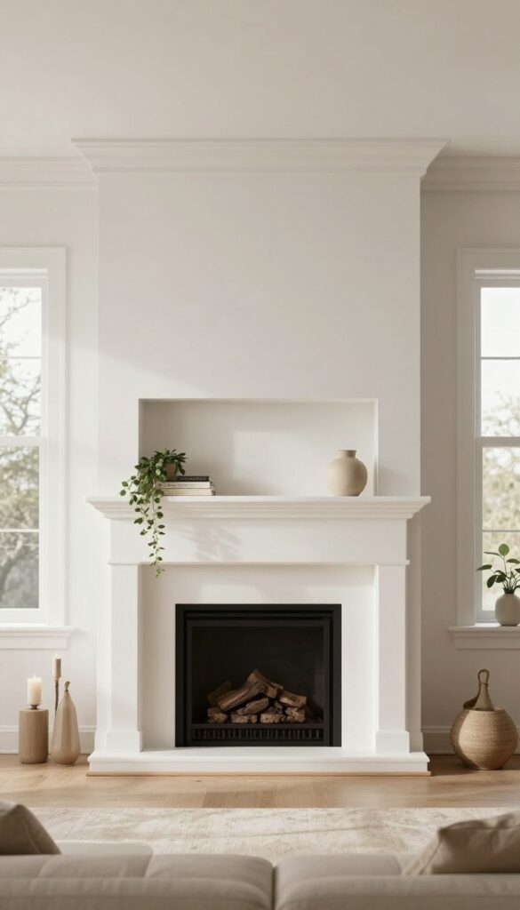 Bright living room with a rectangular built-in wall niche above a white fireplace mantel, styled with a small vase, books, and a trailing plant in natural daylight.