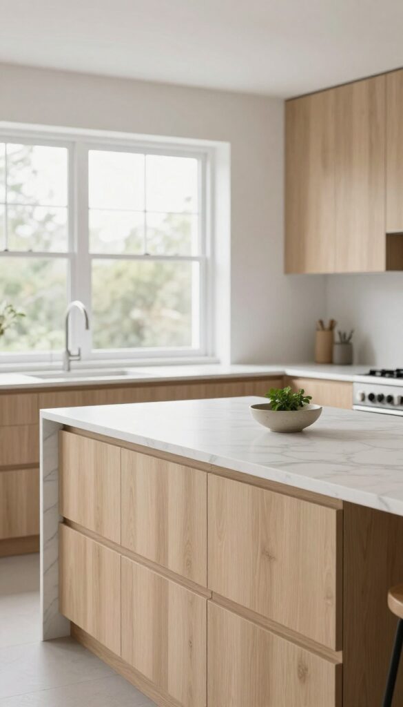 Bright modern kitchen with a dramatic veined marble-look quartz island countertop standing out against neutral grey perimeter counters in natural daylight