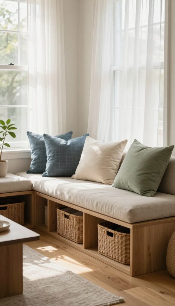 Bright living room with a cushioned window bench topped with throw pillows and a storage basket underneath, bathed in natural light.