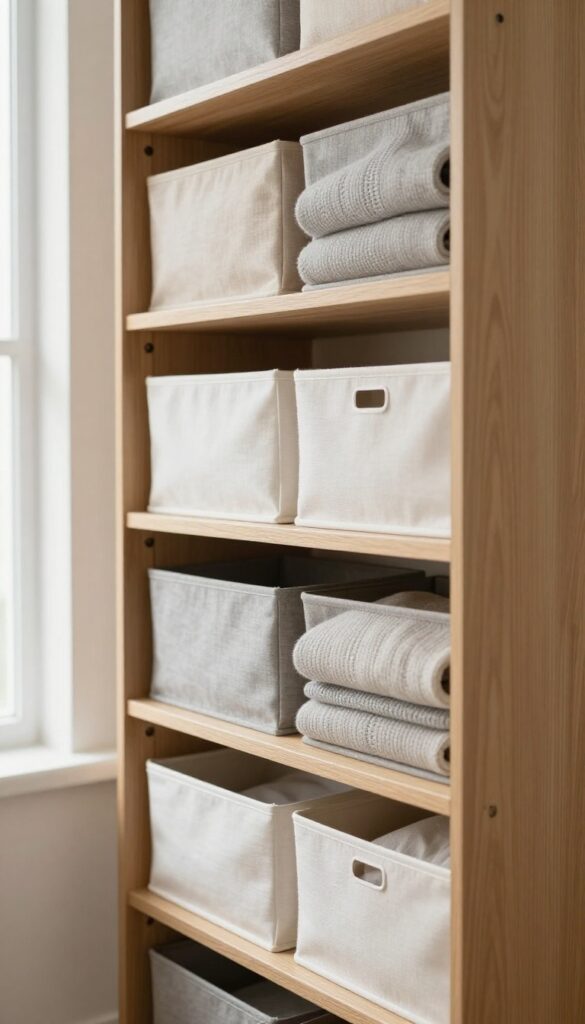 Small bedroom cupboard shelf organized with neutral fabric drawer inserts holding neatly folded clothes in separate compartments