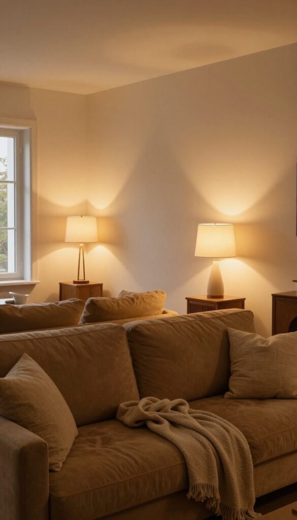 Cozy tan living room with layered lighting from two table lamps, a floor lamp, and a wall sconce glowing warmly at dusk