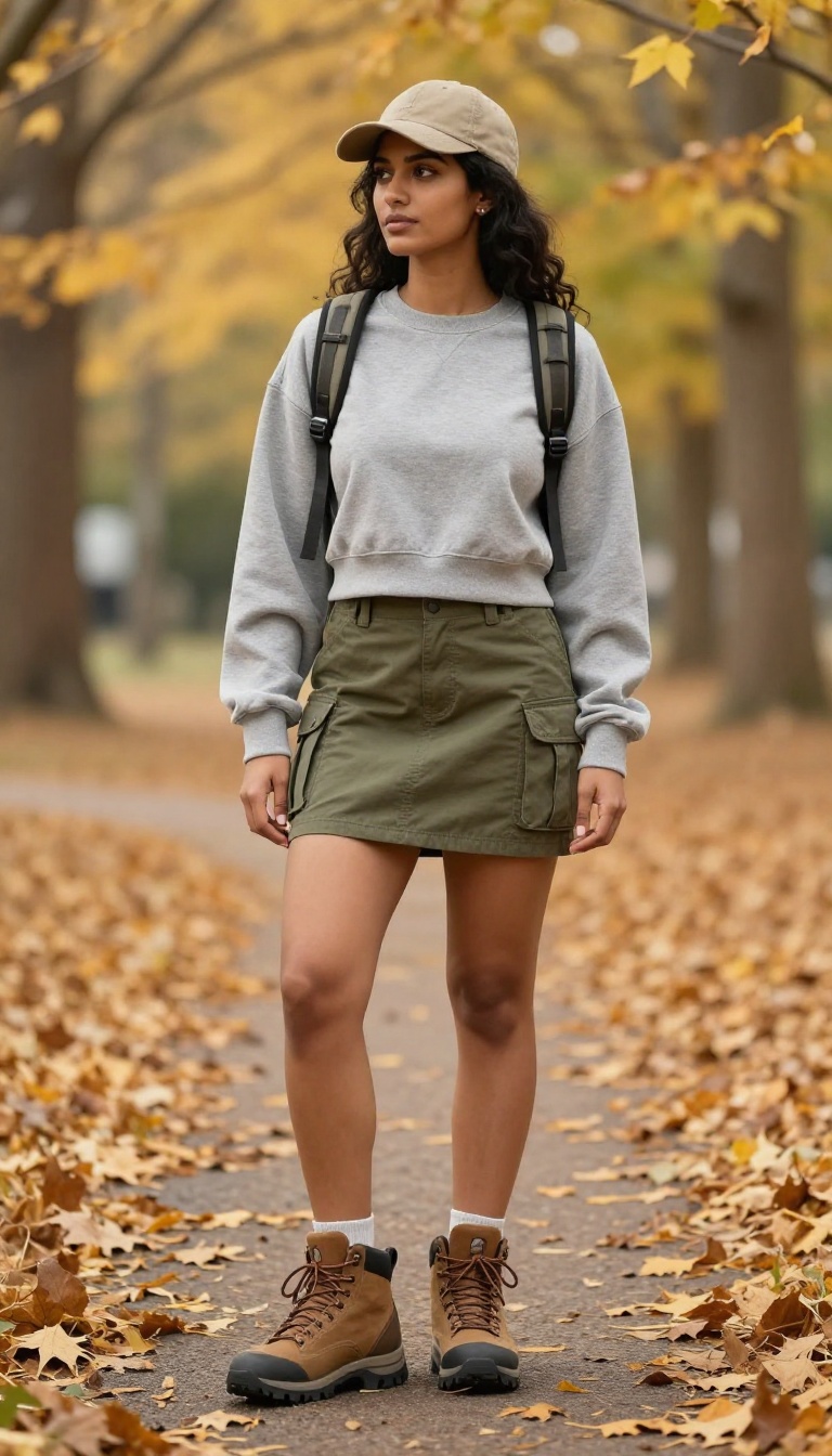 10. Cargo Mini + Cropped Sweatshirt + Hiking Boots