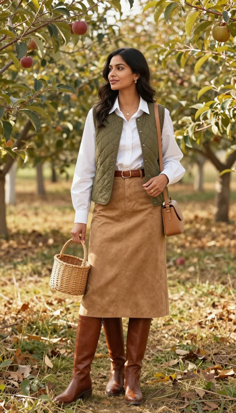 10. Tan Suede Skirt and White Button-Down with Vest