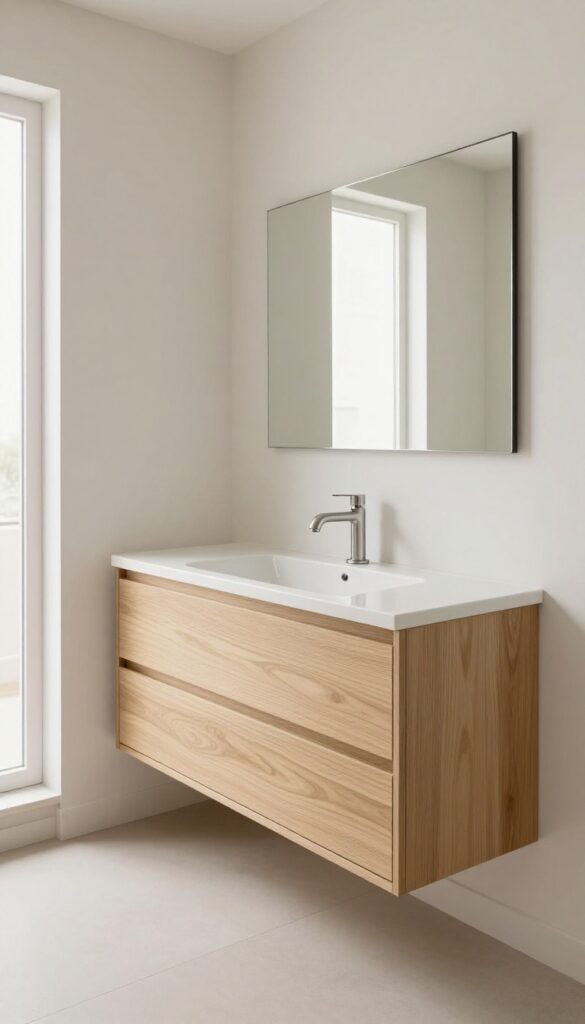 Bright small hallway bathroom with a light wood floating vanity mounted to the wall, open floor space underneath, and a compact white sink in natural daylight