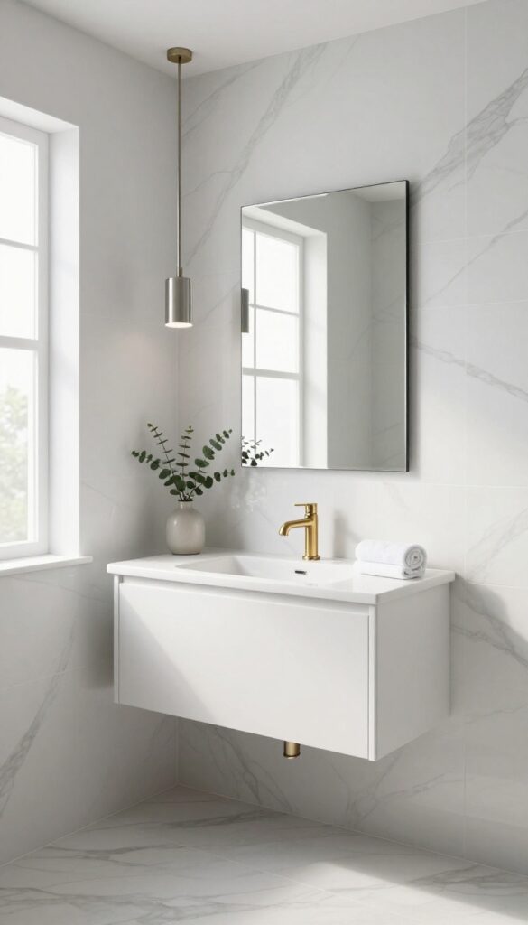 Bright bathroom with floor-to-ceiling marble-look tile behind a floating vanity, frameless mirror, brass faucet, and natural light, creating a high-end feature wall.